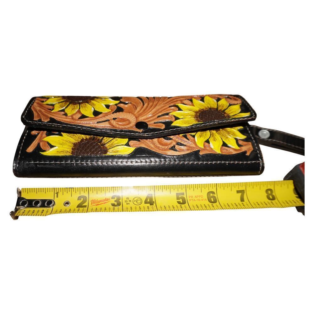 Hand Tooled Leather Sunflower Wallet Wristlet Black Brown Floral Western Boho - Picture 13 of 14